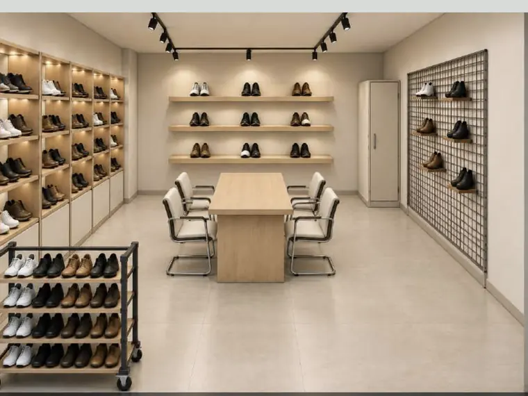 Footwear department room with open shelving, metal grid display wall and a central meeting table