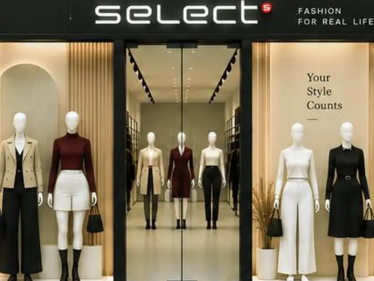 SELECT storefront window display with arched microcement panels, oak slats and styled mannequins