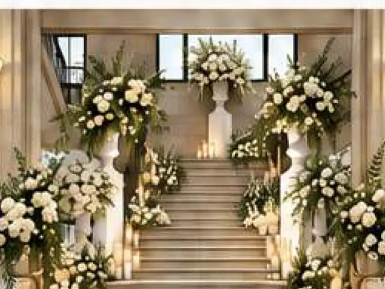 Grand staircase dressed with white and cream floral arrangements, greenery and candlelight