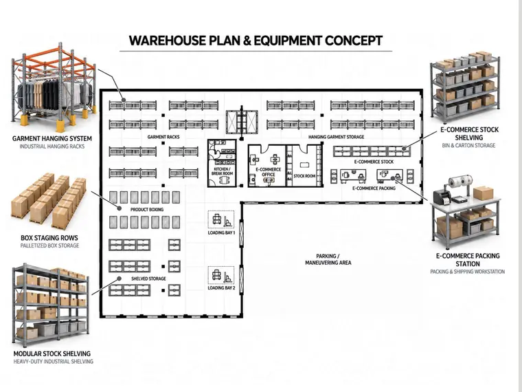 Warehouse plan and equipment concept showing garment racks, box staging rows and packing stations